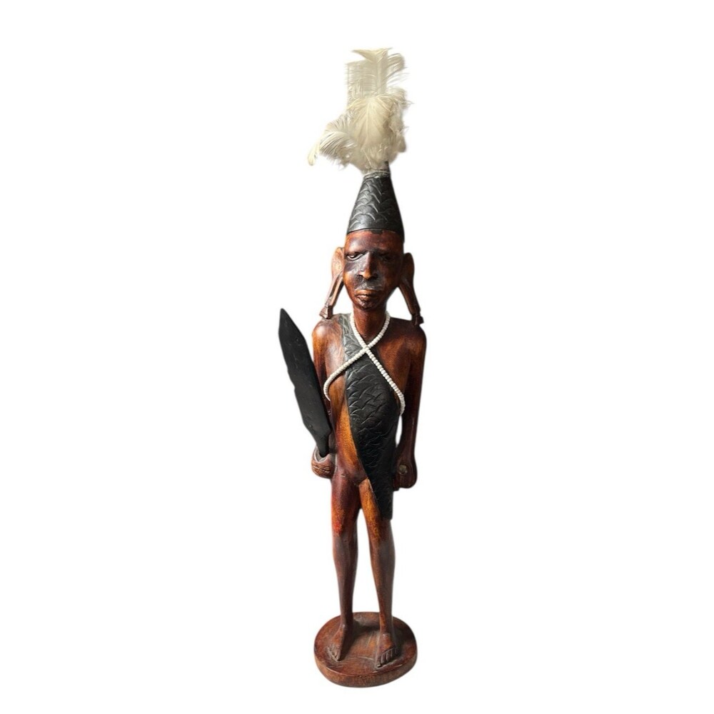 Vintage African Tribal Man Figurine Hand Carved Wood Seed Bead Feather Spear 15"